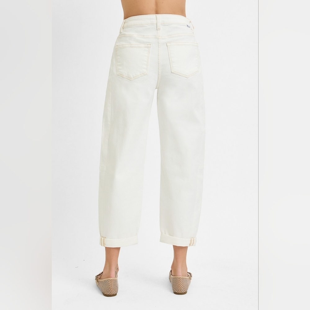 Risen High Rise Barrel Jeans Stretch Cuffed Relaxed Neutral Cream Various NEW - Picture 9 of 12
